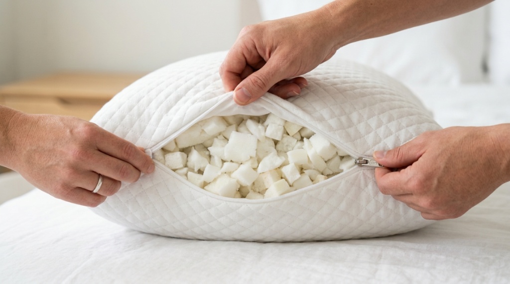 Hands unzipping a pillow to add or remove shredded memory foam fill.