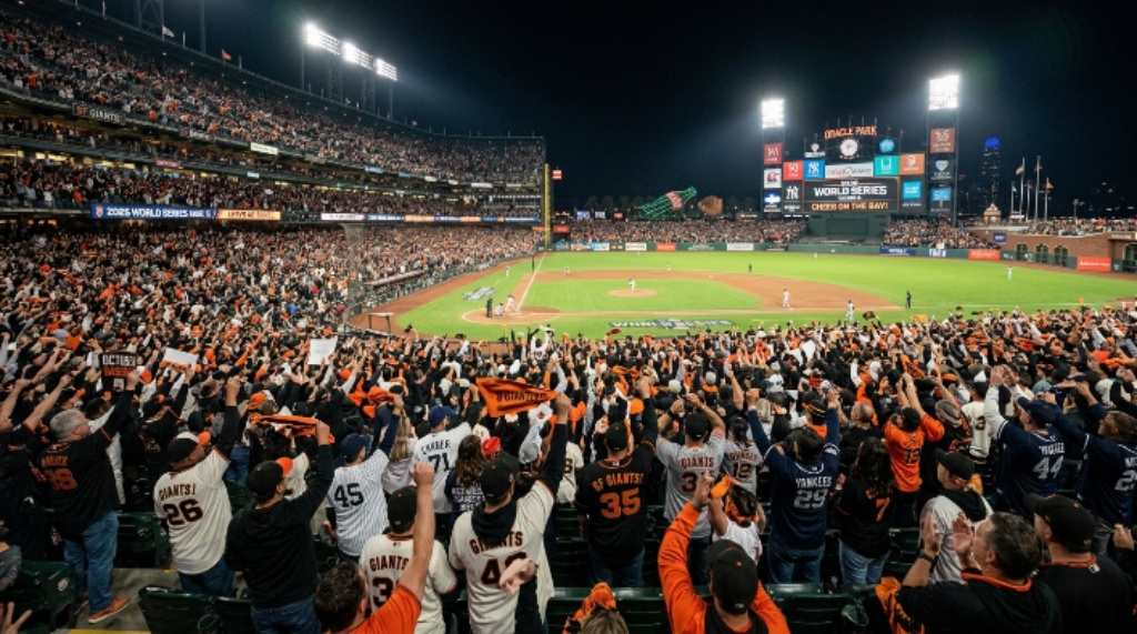 A sold-out crowd cheering at a World Series game at a major league ballpark during the 2026 MLB Fall Classic in October