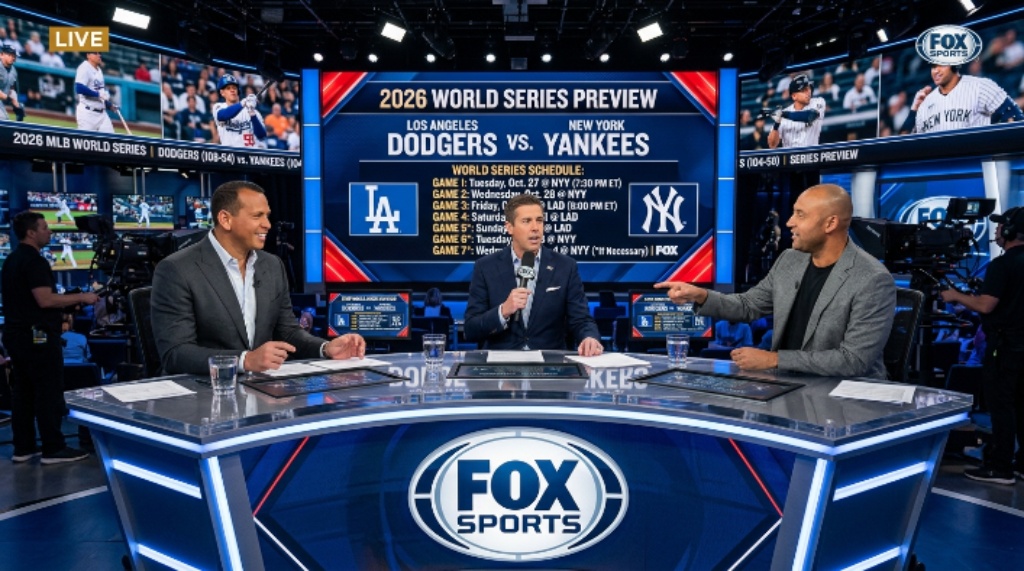 The FOX Sports broadcast desk with analysts previewing the 2026 MLB World Series schedule and matchup on live television