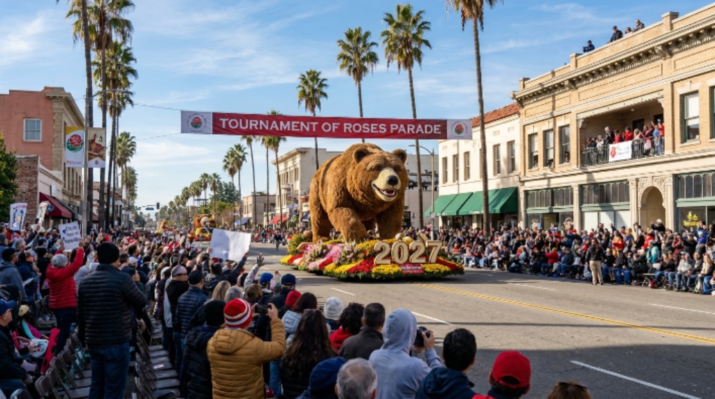 Fans lining Colorado Boulevard in Pasadena to watch the Tournament of Roses Parade on New Year's morning before the 2027 Rose Bowl Game on January 1, 2027