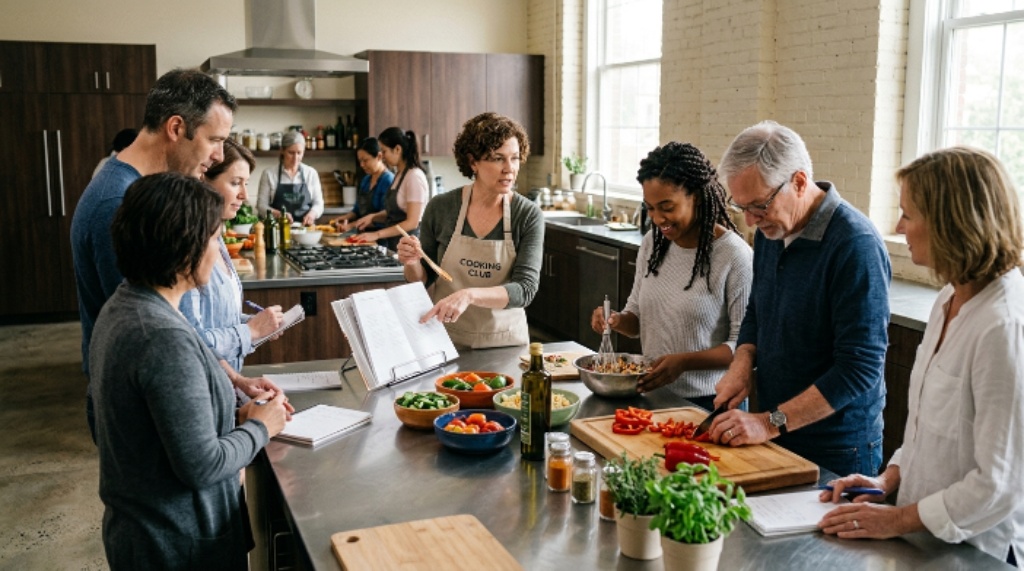 Cooking club members learning recipes in a modern community kitchen