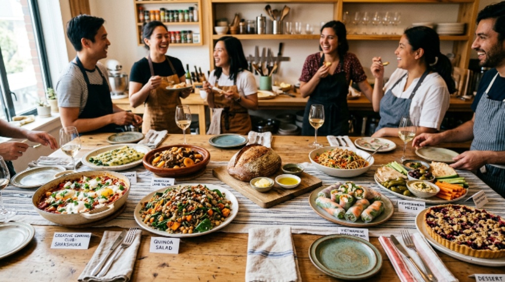 Assorted homemade dishes created during a creative cooking club gathering