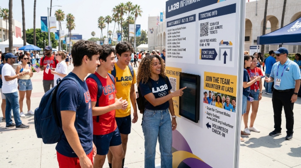 Fans attending an LA28 Olympic event with details about tickets, schedule, and volunteer opportunities