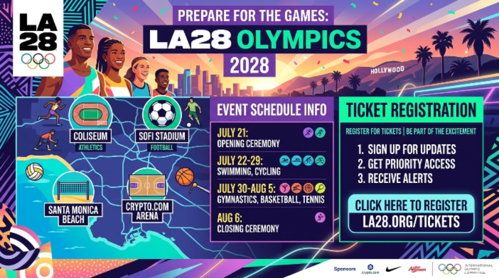 Official LA28 preparation featuring Olympic venues, ticket registration, and event schedule information