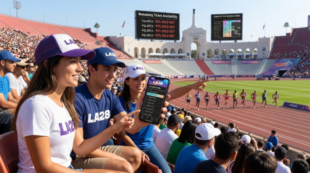 Spectators enjoying an LA28 Olympic event with ticket pricing, registration, and competition schedule information