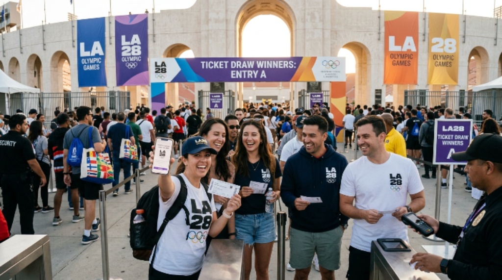 Fans entering an LA28 Olympic venue after securing tickets through the official ticket draw