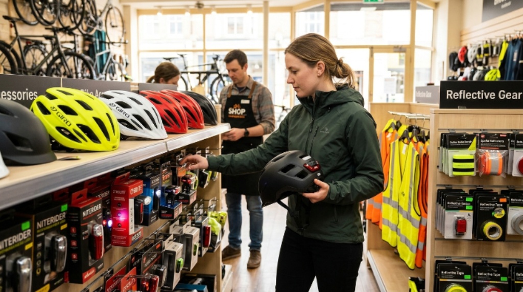 Choosing helmets, bike lights, and reflective accessories for safe riding