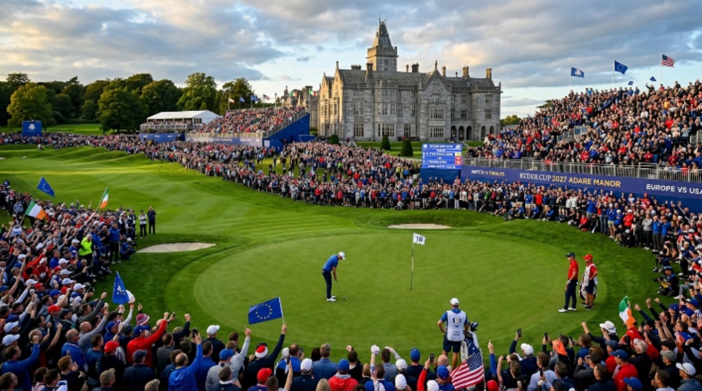 Thousands of golf fans watching a crucial singles match on the 18th hole at Adare Manor during the 2027 Ryder Cup competition days in September