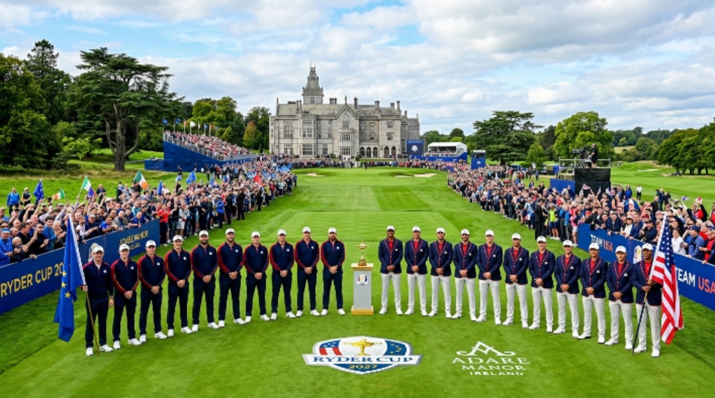 Team Europe and Team USA players lining up on the first tee at the Opening Ceremony of the 2027 Ryder Cup at Adare Manor in County Limerick, Ireland