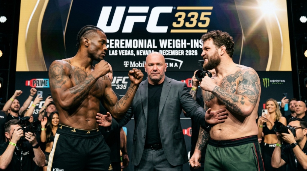 UFC fighters squaring off at the ceremonial weigh-ins ahead of UFC 335 fight week in Las Vegas in December 2026 at T-Mobile Arena