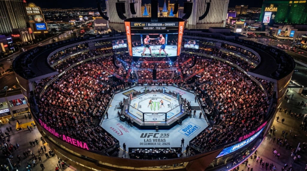 An aerial view of the UFC Octagon set up at T-Mobile Arena in Las Vegas for the UFC 335 main card on December 12 2026