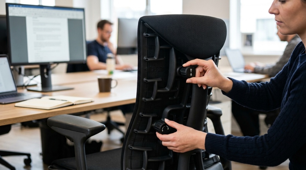 Close-up of hands adjusting the lumbar support dial on an ergonomic office chair.