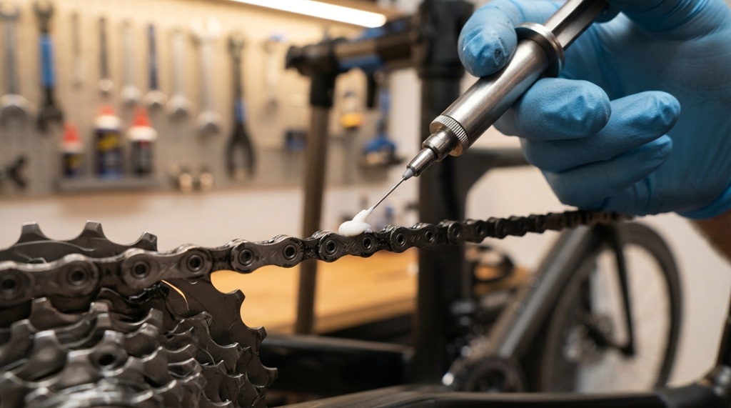 Close-up view of white ceramic grease being applied to bicycle bearings.