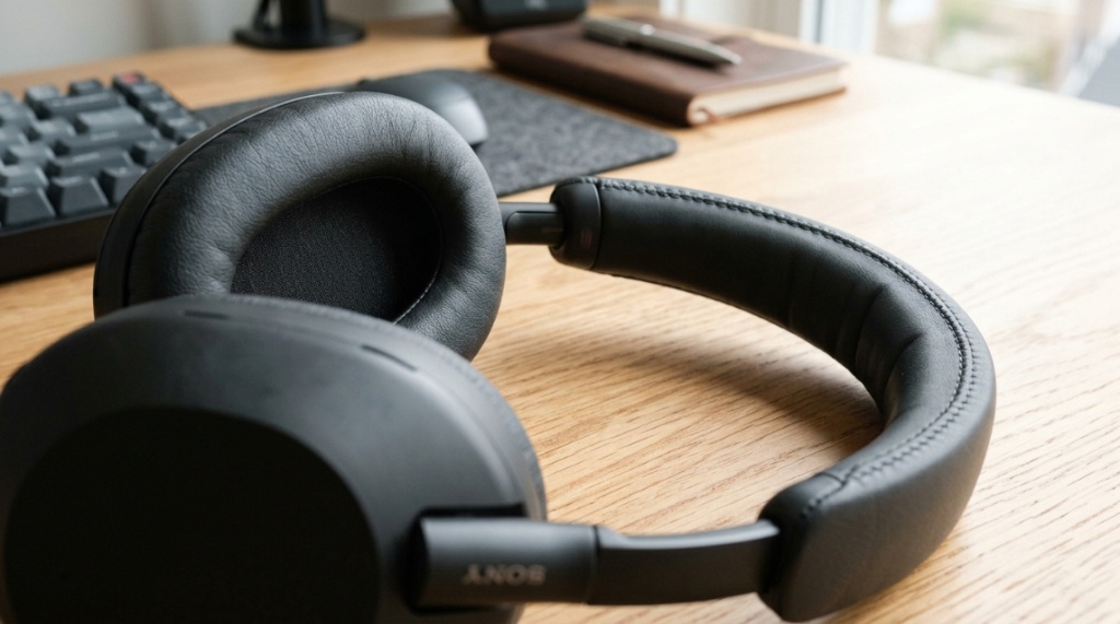 Close-up of premium over-ear headphones showing durable cushions and headband details.