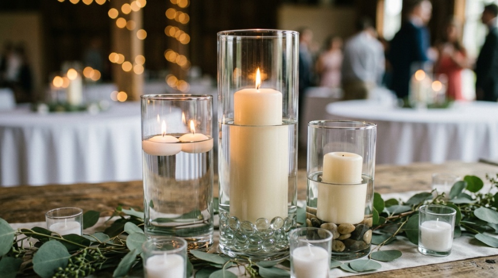 Close-up of budget-friendly floating candles in glass cylinders on a wedding table.