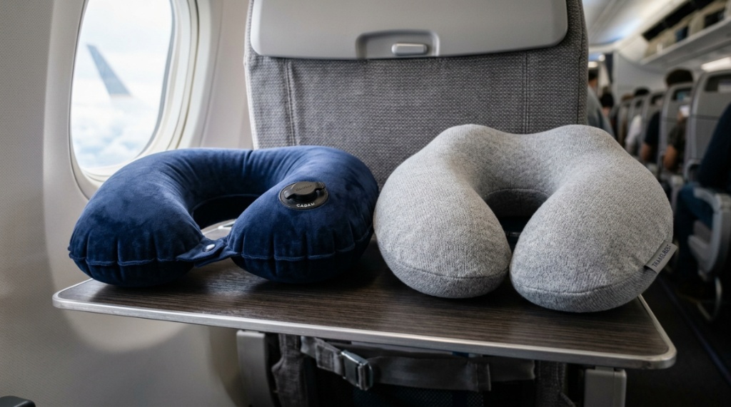 Memory foam and inflatable travel neck pillows displayed together.