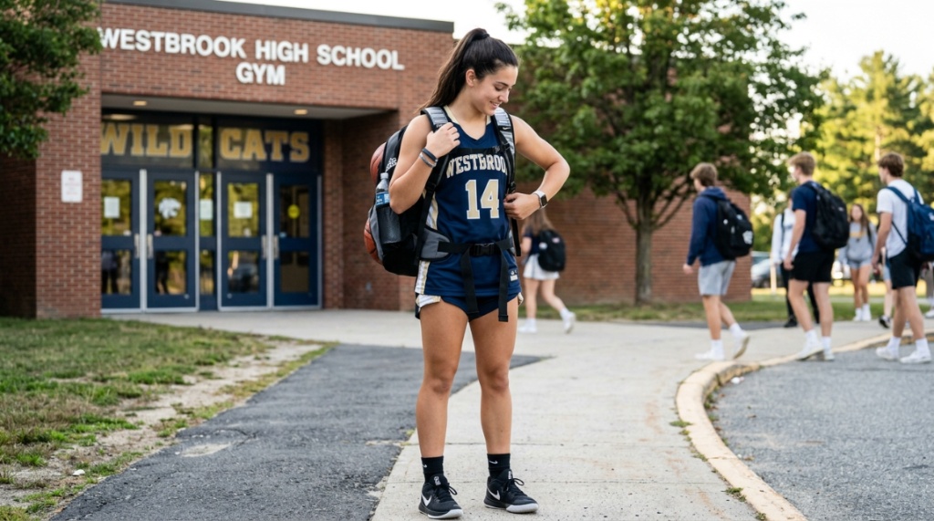 Teenage athlete wearing a correctly fitted basketball backpack outside a gym.