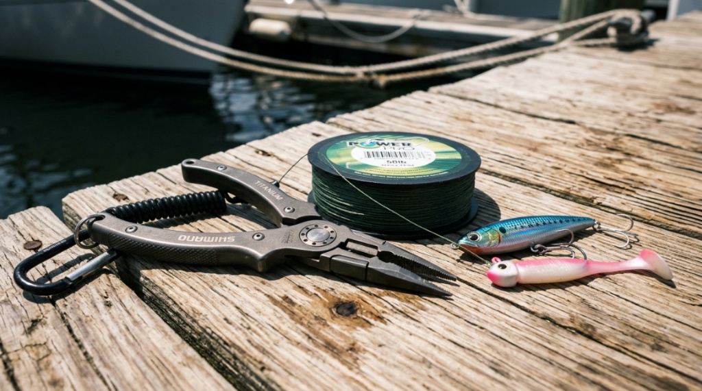 Corrosion-resistant fishing pliers resting on a wooden dock.