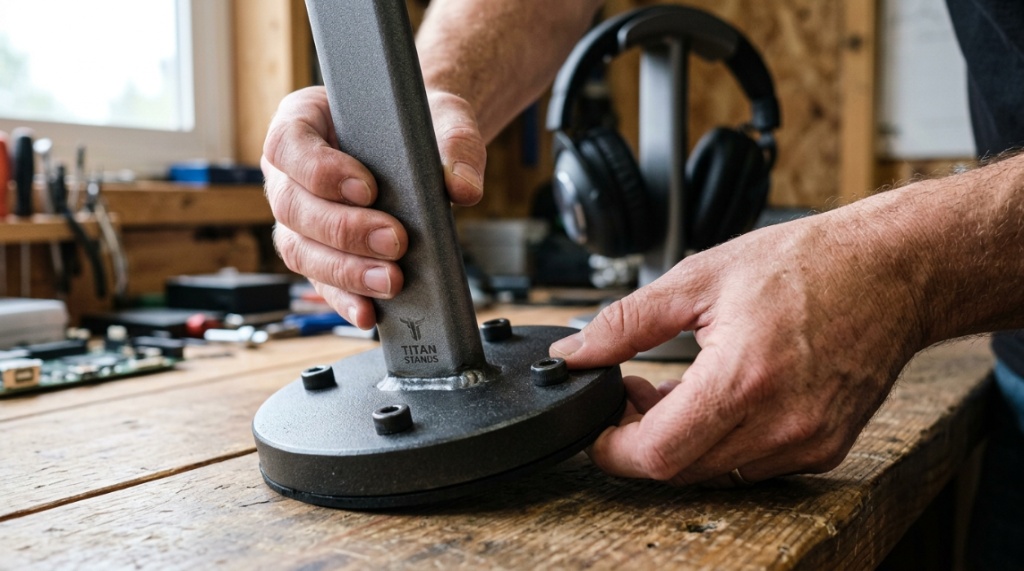 Close-up of hands checking the heavy-duty base of a durable headset stand.