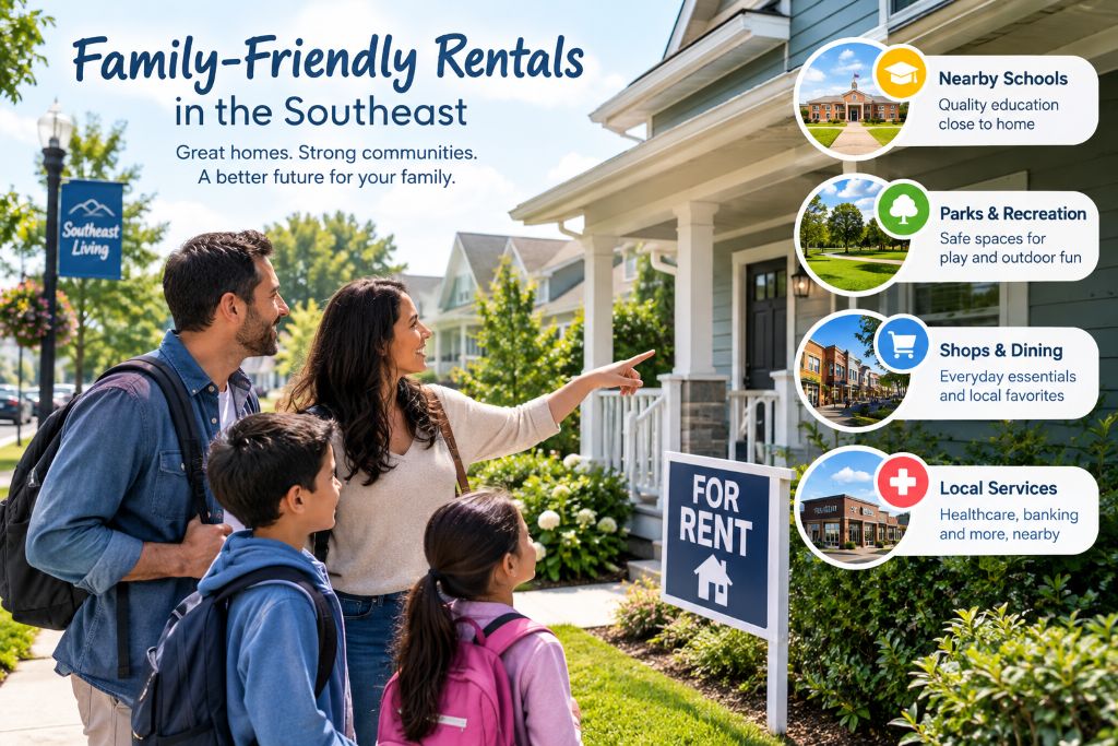 Family comparing rental homes in a Southeast neighborhood near schools, parks, shops, and local services