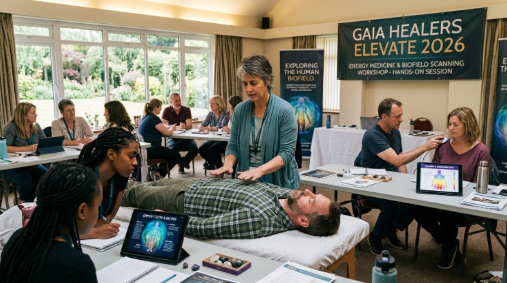 Hands-on workshop session at Gaia Healers Elevate 2026 energy medicine and biofield scanning