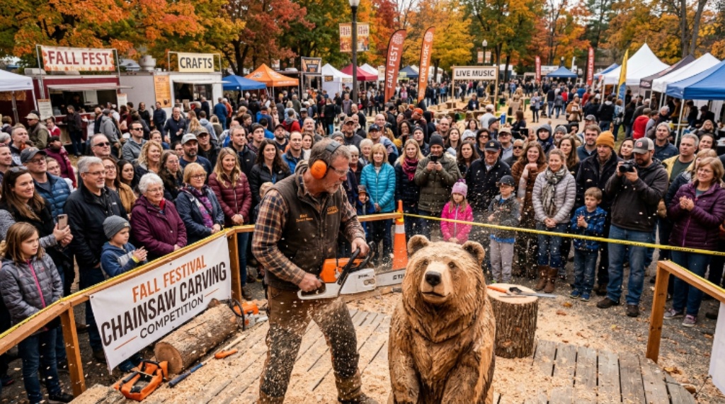 Crowd watching live chainsaw carving competition with wood shavings flying at a fall festival