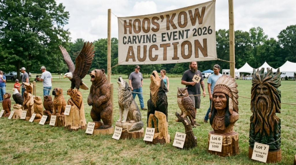 Display of finished chainsaw wood sculptures lined up for auction at the Hoos'Kow Carving Event 2026