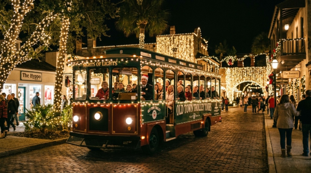 Trolley tour passing through St. Augustine's Nights of Lights display in the historic district