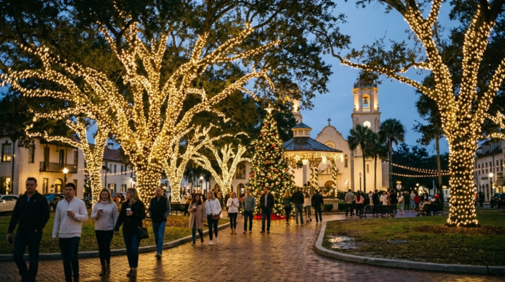 Plaza de la Constitución decorated with glowing oak trees during St. Augustine's holiday season