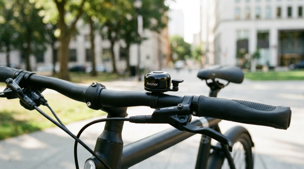 Cyclist thumb pressing a bicycle bell lever on city handlebars.