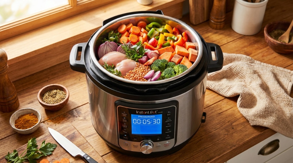 Mother preparing a fast family dinner using a stainless steel pressure cooker.