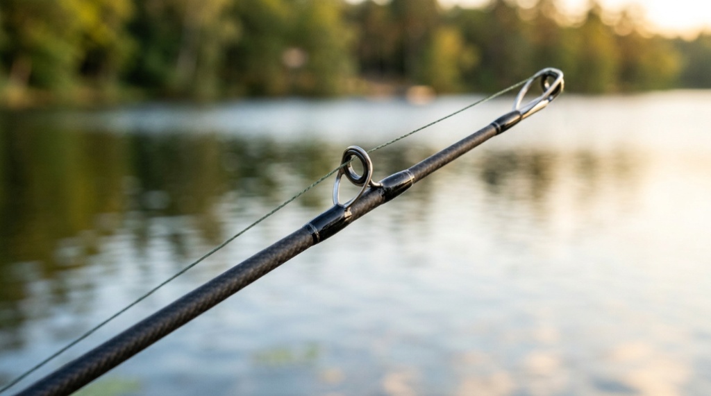 Close-up of a sensitive fishing rod tip showing micro-guide rings.