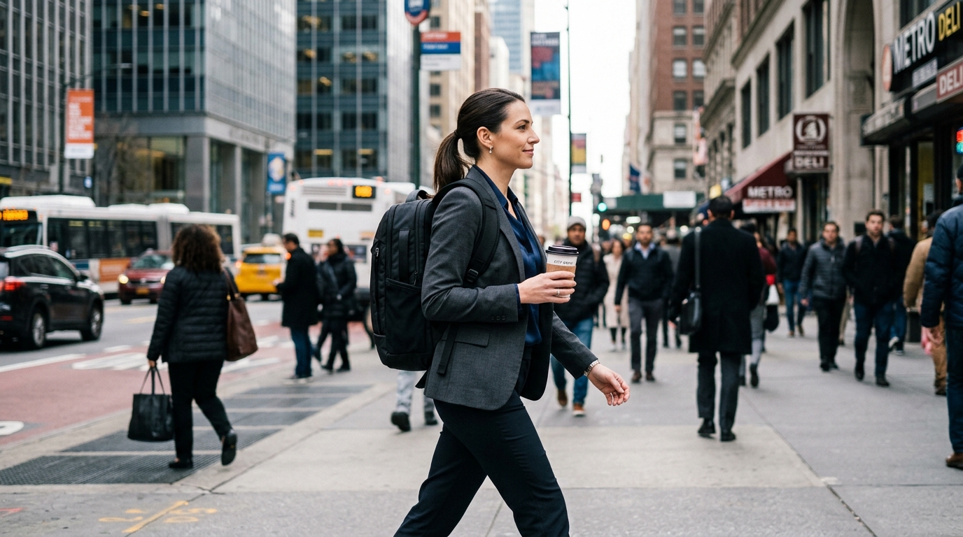 Professional commuting through the city wearing an ergonomic laptop backpack.