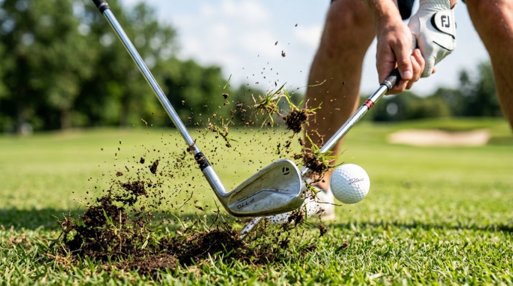 Golfer checking a dirty golf club face filled with grass.