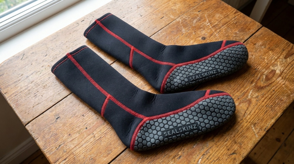 Close-up of neoprene wetsuit sock soles and reinforced stitching.