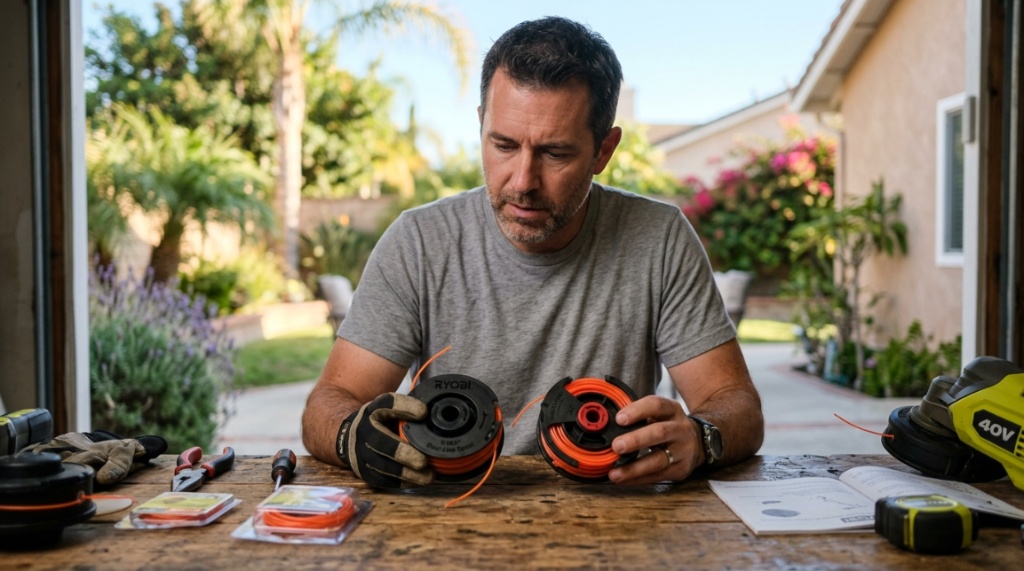 Homeowner examining dual-line trimmer spool attachments on a workbench.