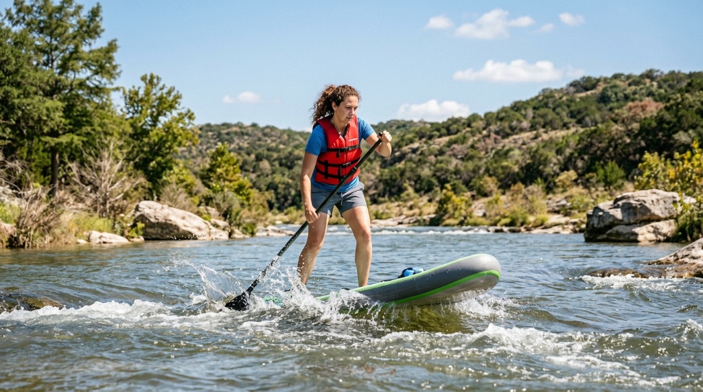 Paddle boarder navigating flowing water on a Texas river.